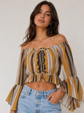 GUESS Off-Shoulder Striped Peasant Top in Mustard & White
